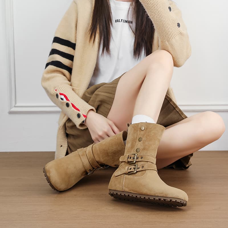 Inner Height Increase Short Boots High Top Boots Suede Tube Boots Thick Sole Boots Women Elastic Slim Boots Height Increase Tube Rider Hot Girl Boots