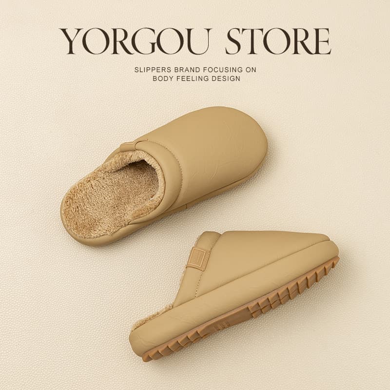 YuanGang Cowhide Sole Cotton Slippers Women Autumn Winter Indoor Anti-Slip Warm Fleece-Lined Waterproof Leather Slippers Men Winter