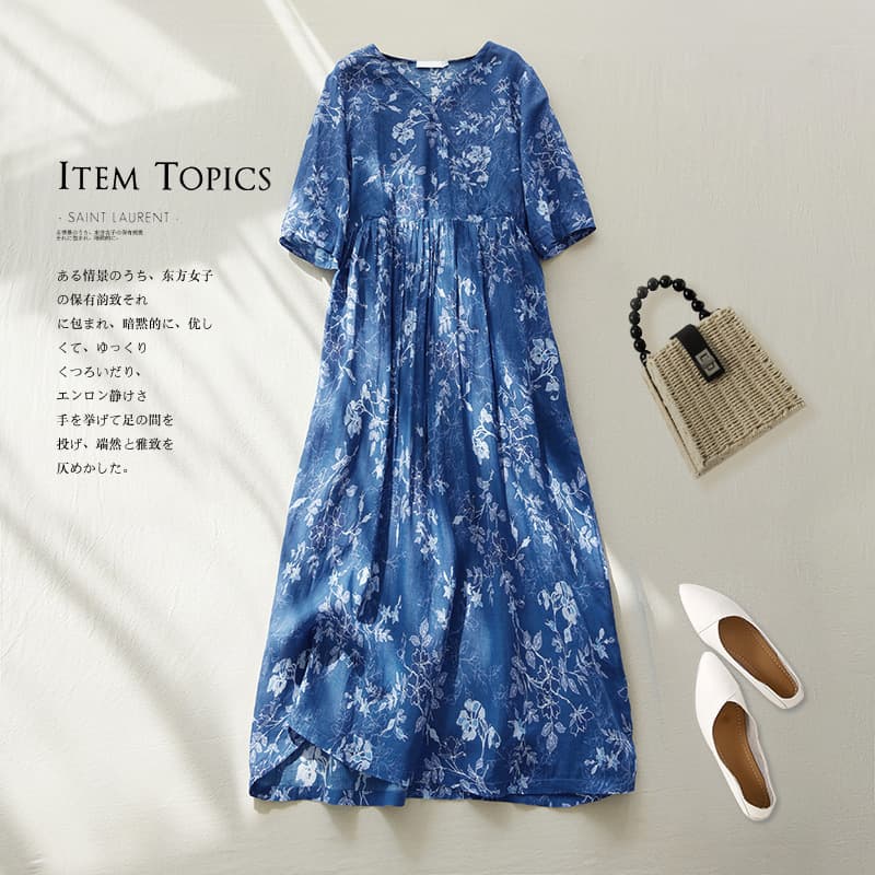 Summer New Arrival Lightweight Cotton Linen V-neck Short Sleeve Dress Women's Floral Print Knee-length Loose Retro Flower Skirt