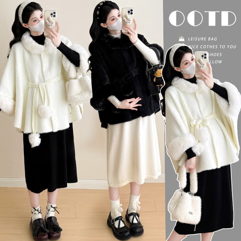 2025 Winter Fashion Versatile Fur Collar Mink Velvet Coat + Knit Dress Two-Piece Set for Maternity