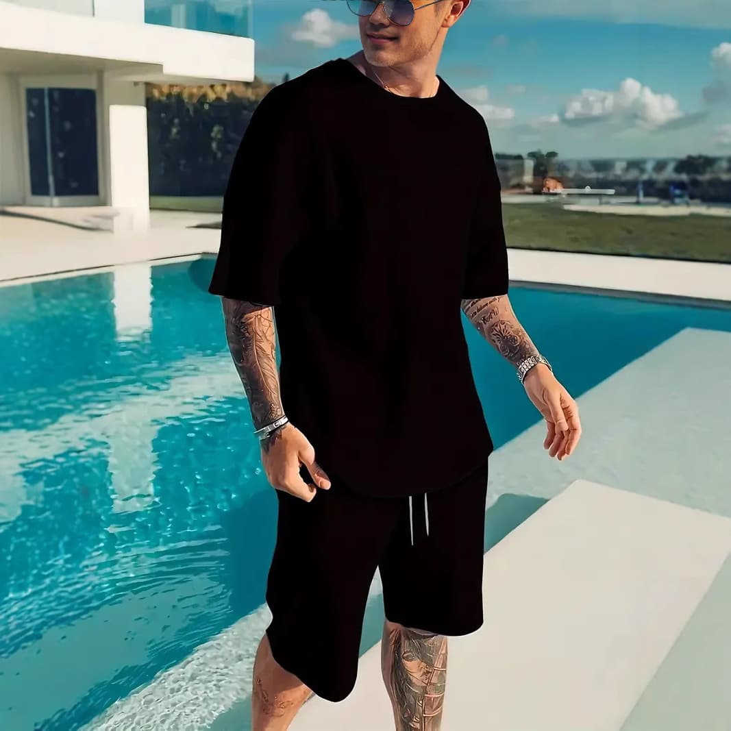Simple and stylish casual sportswear set, youth mesh T-shirt and shorts set, summer men's two-piece trendy outfit