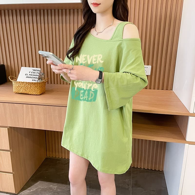 2026 Summer Fashion Design Loose Off-Shoulder Short Sleeve T-Shirt Sweet Pure Cotton Mid-Length Loungewear