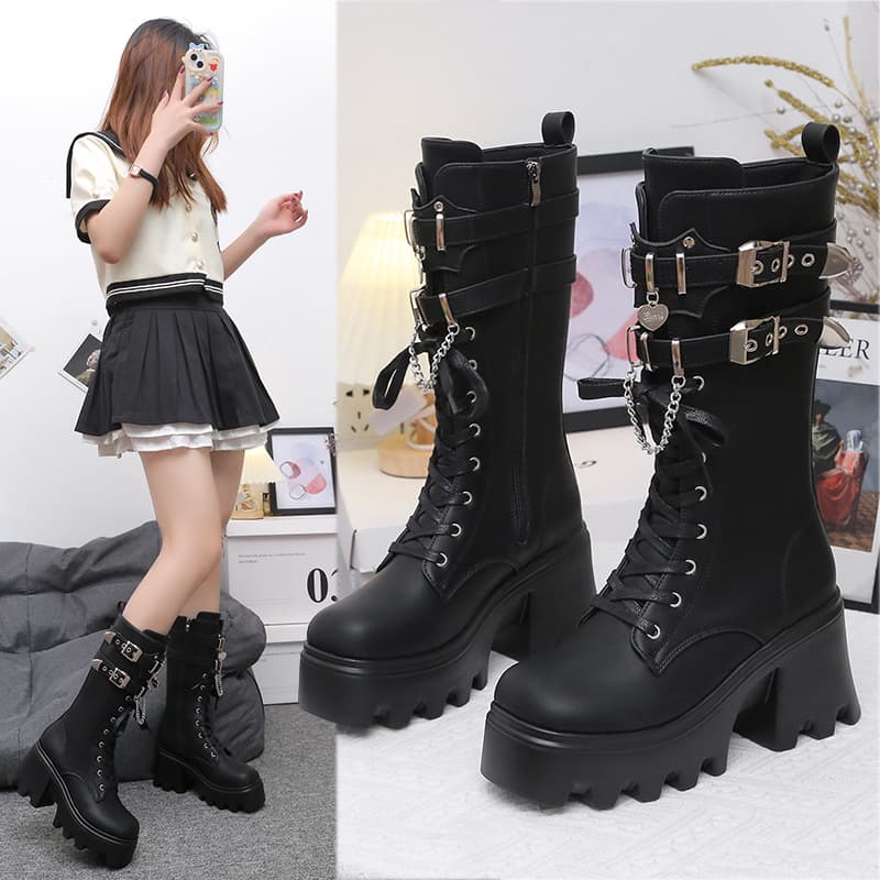 Punk Long Boots Thick Sole Height-Increasing Martin Boots Women Winter New Knight Boots Mid-Calf Performance Boots Snow Boots Shoes