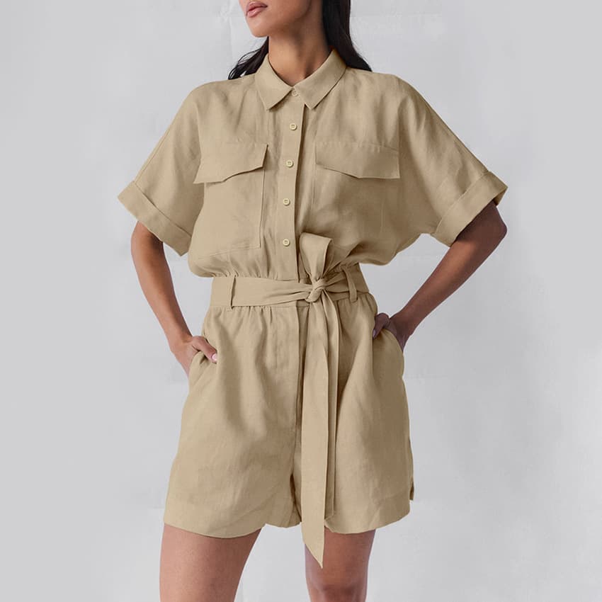 2026 Summer Retro Fashion Khaki Workwear Jumpsuit for Women European and American Cross-Border Cotton and Linen Wide-Leg Jumpsuit Women's Clothing