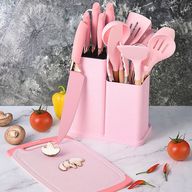 19-Piece Silicone Kitchen Utensil Set Non-Stick Cookware Including Spatula Soup Spoon Knife Set with Storage Bucket