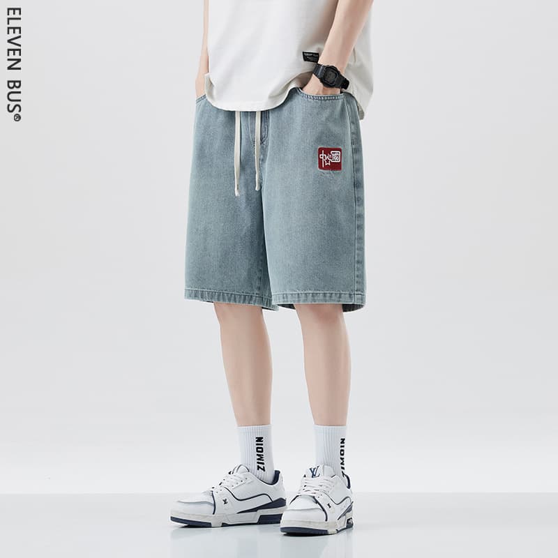 Retro jeans men's summer shorts straight-leg loose trendy wide-leg American high street casual pants for boys