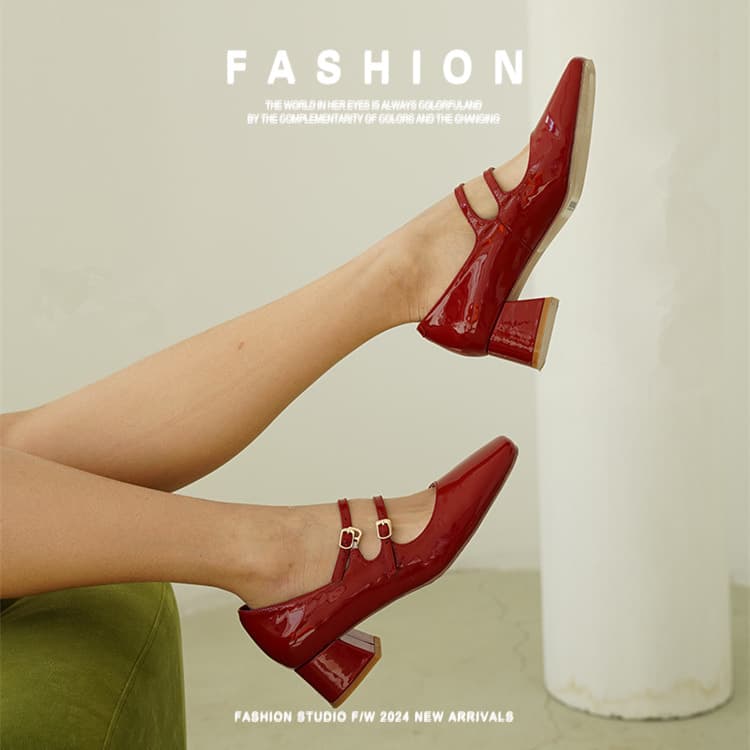 Genuine Leather Mary Jane Toe-Cover Sandals for Women Spring Summer Mid-Heel Retro Shoes Chunky Heel Leather Shoes Mid-Heel Women's Shoes