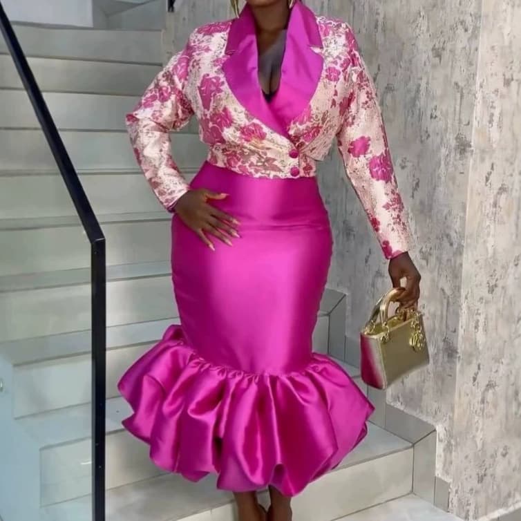2026 New Fashion Printed Suit Suit Collar Hip Cover Waist Long Sleeve Satin Commuting Party Two-piece Set