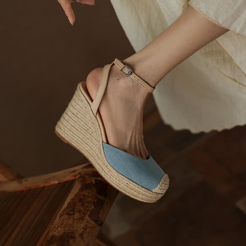 Thick-soled Wedge Sandals 2024 Summer Women's Shoes Thick-soled Flat Bottom Closed-Toe Backless Sandals Spliced Straw-Sole Sandals
