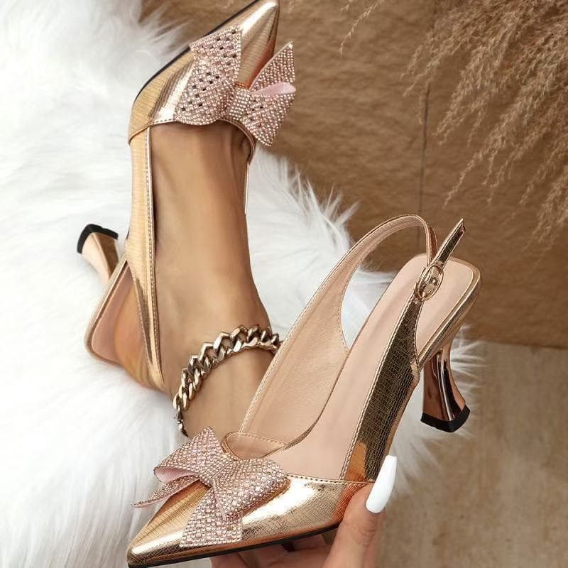 Cross-border stock rose gold shiny bow Stiletto Heels thin high heel sandals factory direct supply