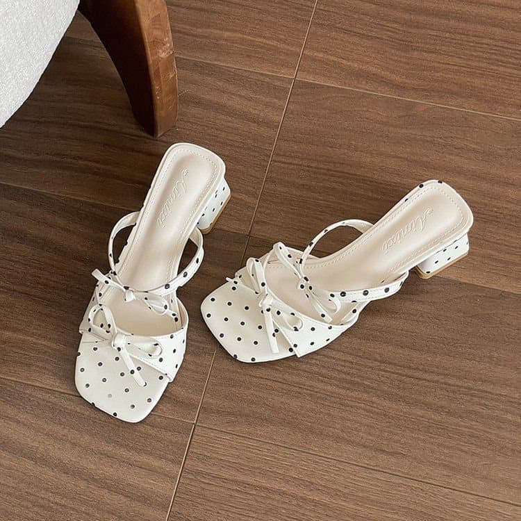 2026 New French Polka Dot Bow Chunky Heel Sandals for Women, One-Strap Square Toe Slide, Versatile Fairy Style