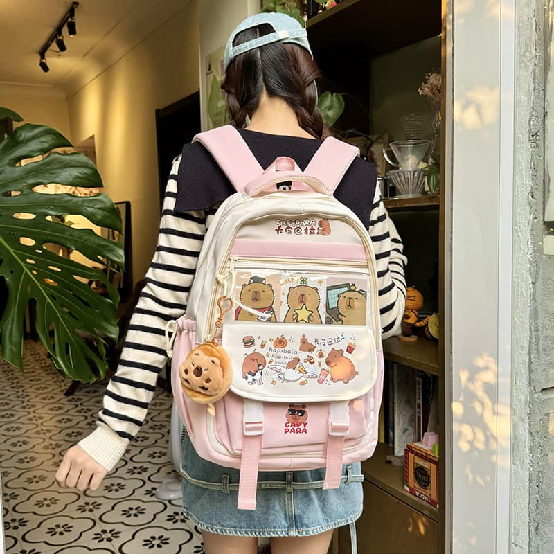 Kapilibar Large Capacity School Backpack Cute Capybara Design Women's Shoulder Bag Breathable Ultra-light Load Reduction Nylon