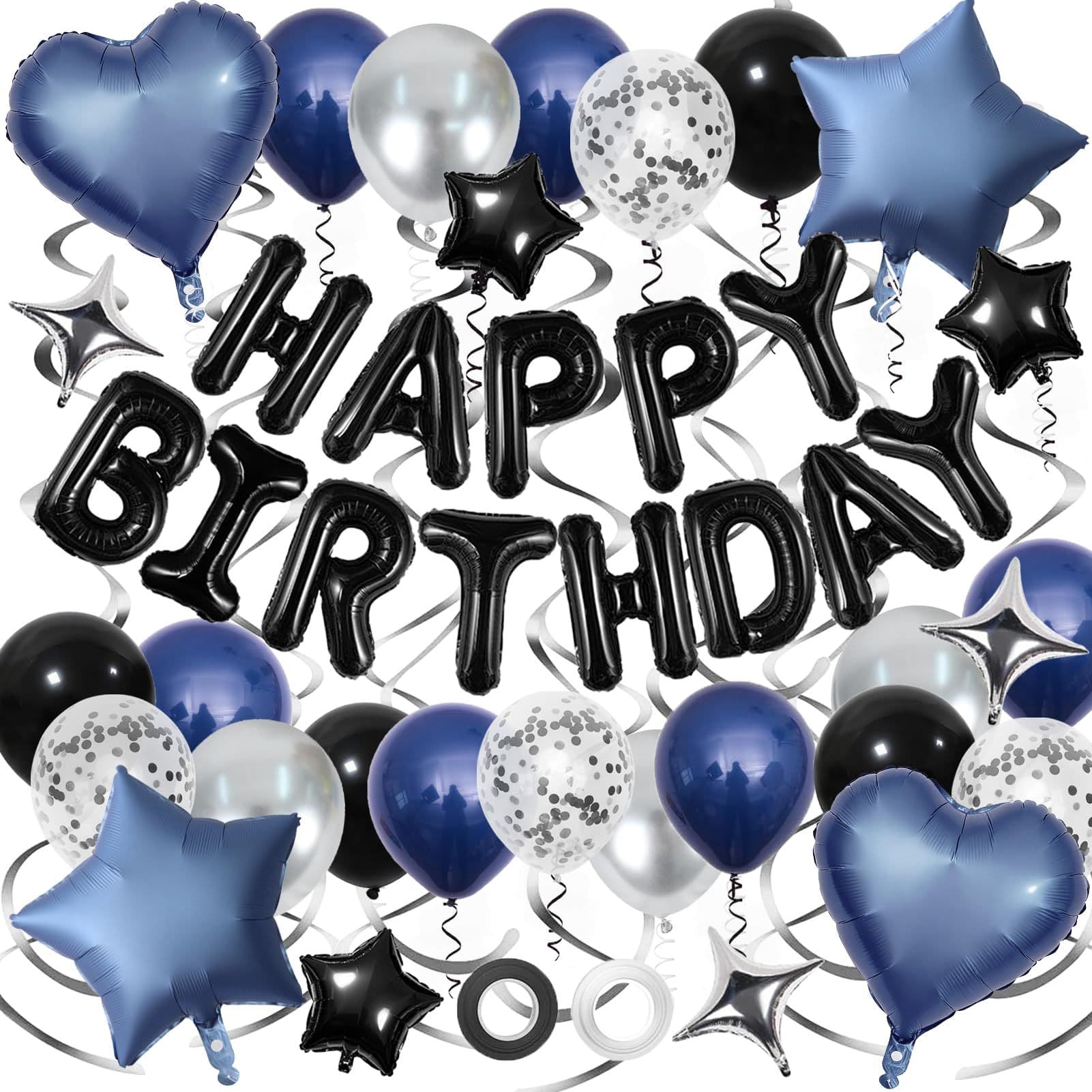 Cross-border Navy Blue Happy Birthday Balloon Set Black Happy Birthday Aluminum Foil Balloon Banner Hanging Stars