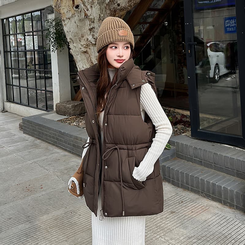 Autumn and winter new style cotton coat vest for women mid-length waisted stand collar black waistcoat net red vest jacket