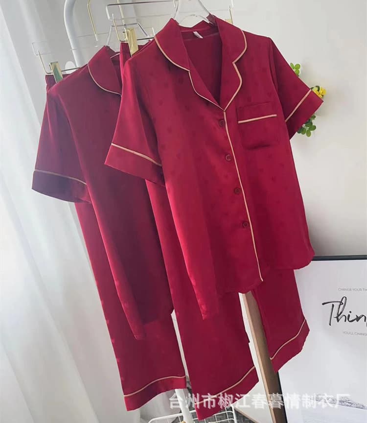 New Year Red Ice Silk Pajama Set for Women and Men, Bride and Groom Couple Heart Short Sleeve Homewear