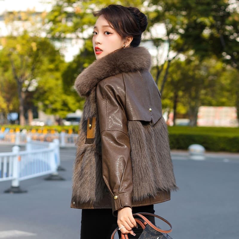 2024 Winter New Short Fur-and-Leather One-Piece Coat Women Fox Fur Collar Leather Jacket Thick Warm Fashion Jacket