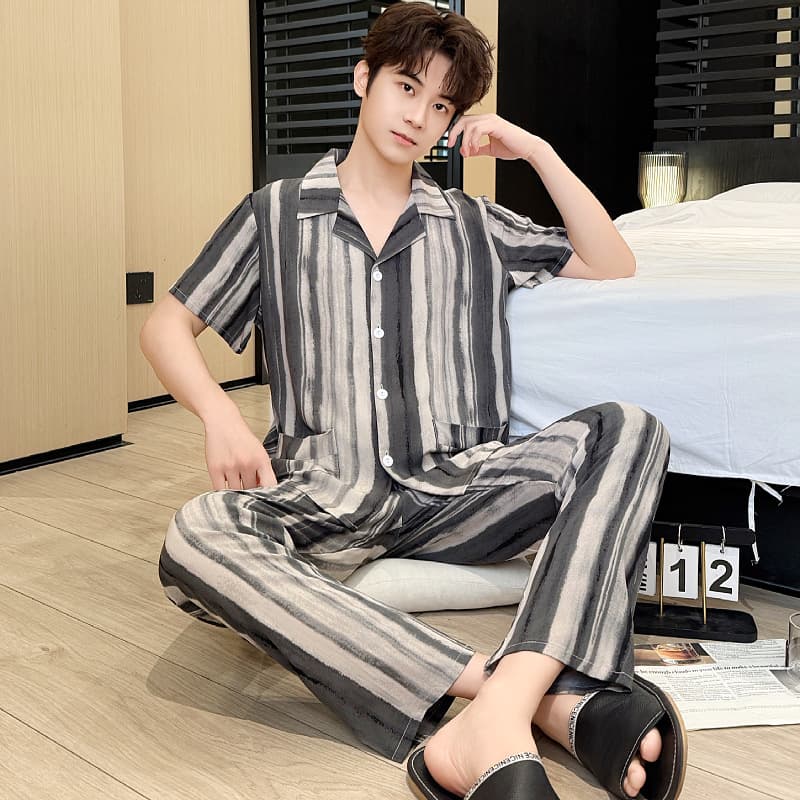 Cotton Silk Pajamas for Teen Boys and Men, Summer Thin Cotton Silk Large Size Home Wear, Man-Made Cotton Set, Loose Fit