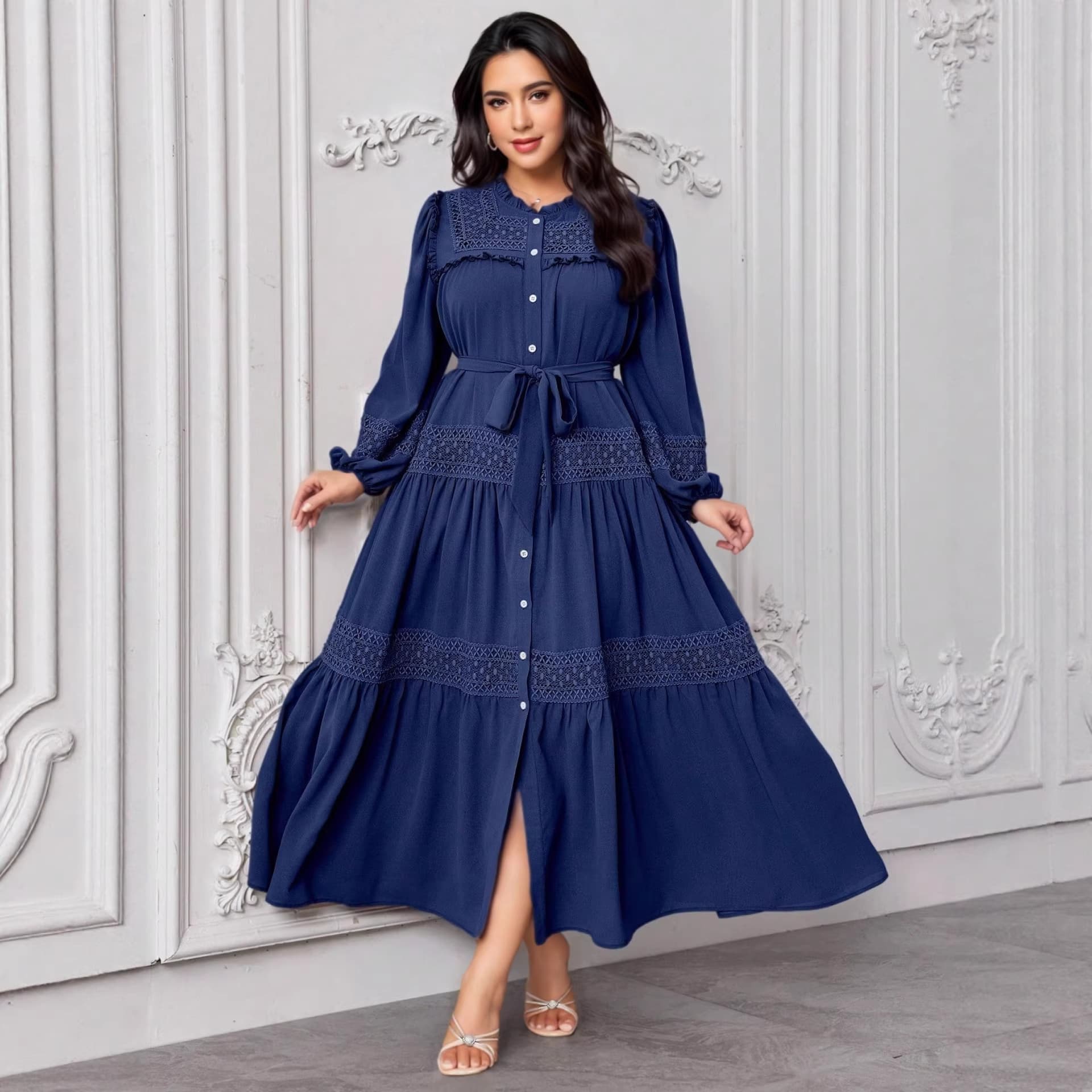 Cross-border style extra large size women's new lace splicing dress with lace-up waist and long button-down