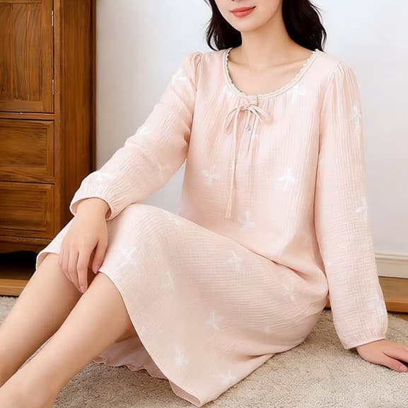 Breathable Skin-Friendly Sleep Dress Women's Long-Sleeve Long Dress Spring Autumn Summer Pure Cotton Gauze with Built-in Bra Pajama Home Dress Wearable Outside