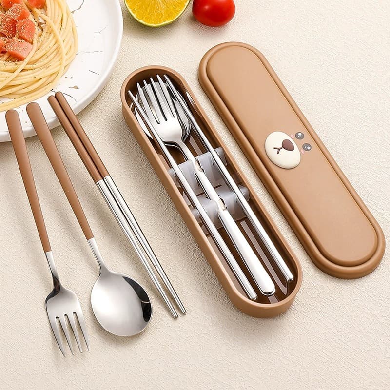 Cartoon Portable Cutlery Set 304 Stainless Steel Student Travel Cutlery Three-Piece Set Fork Spoon Chopsticks