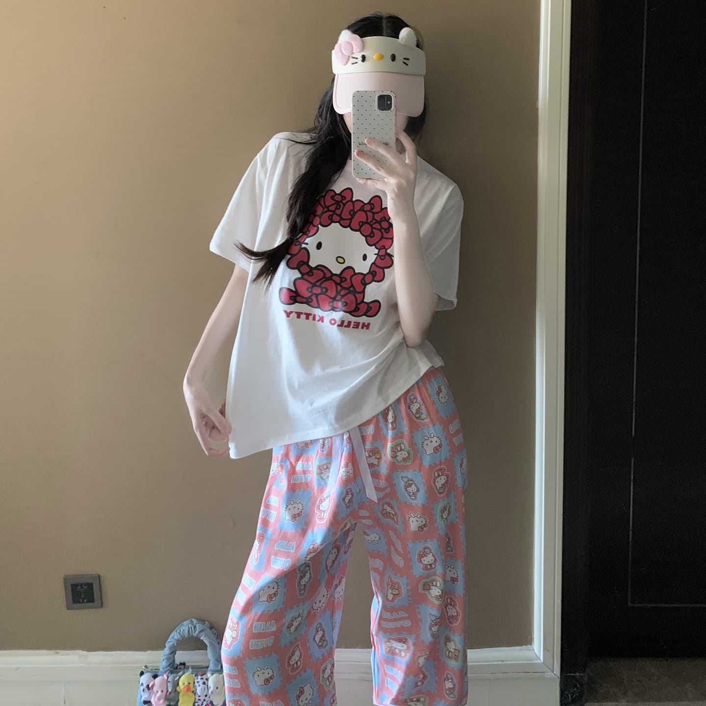 Women's Summer Short-Sleeve Cotton Pajama Set, Cartoon Print Relaxed Fit Long Pants, Cloud Cotton Two-Piece Loungewear, Lightweight