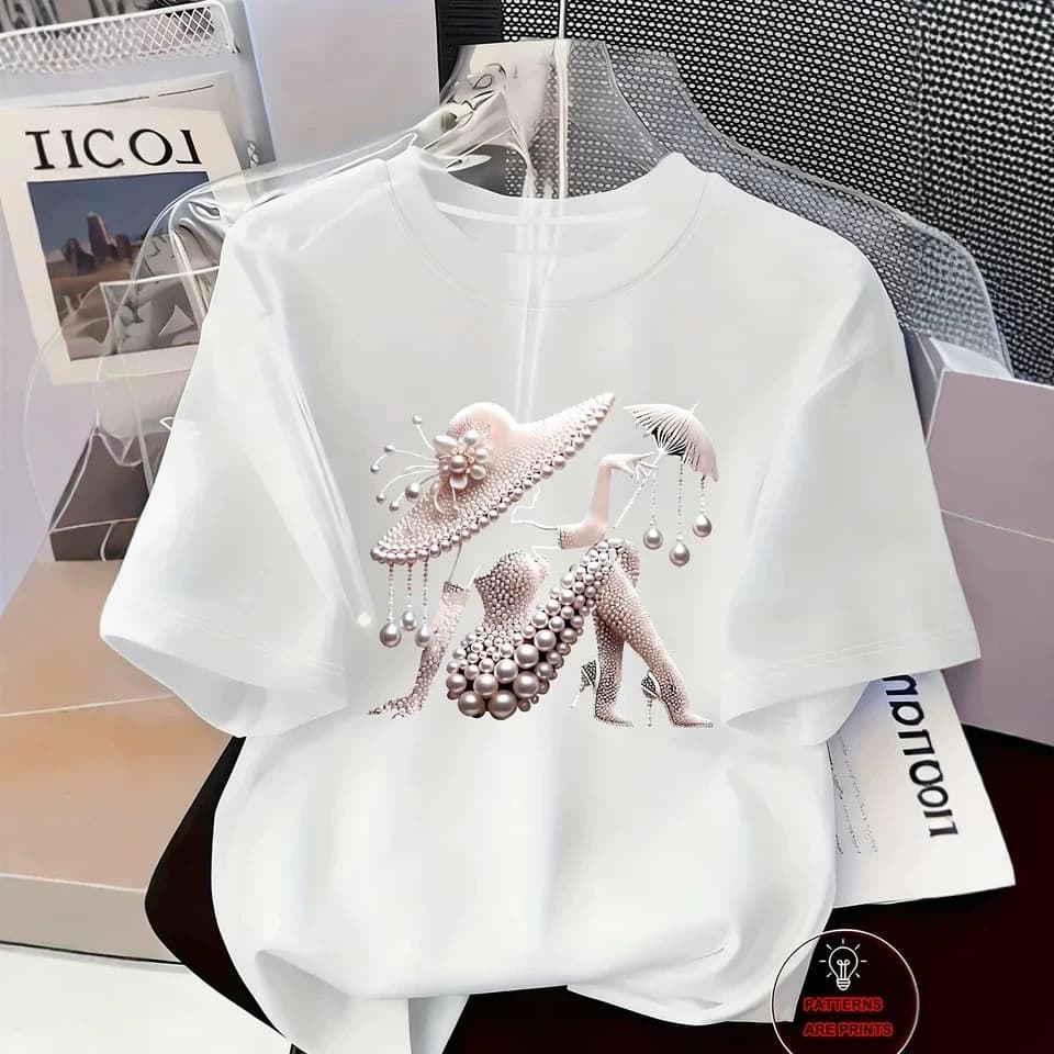 Elegant Light Luxury Style Set, Women's Printed T-Shirt, Light Luxury and Gorgeous, Everyday Spring and Summer Casual Short-Sleeved Top, European and American Style