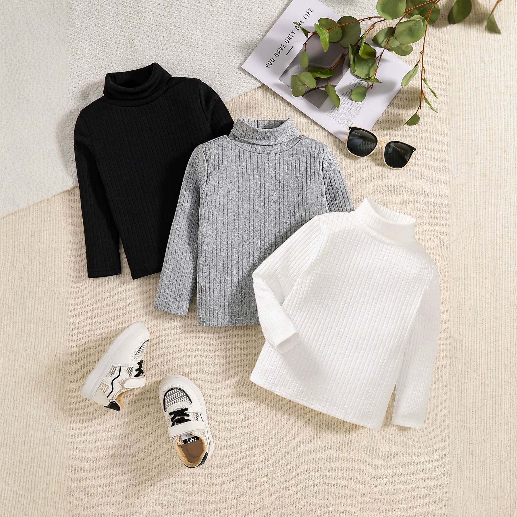 Spring Autumn Girls' Half-Turtleneck Skin-Friendly Ribbed Stretch Vertical Stripe Long-Sleeve T-Shirt Versatile Base Layer Top 3-Pack