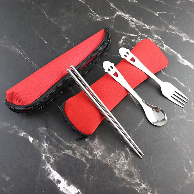 Stainless Steel Cutlery Three-piece Set with Fork, Spoon, and Chopsticks, Happy Smiley Face Children's Utensils, Portable Cloth Bag with Logo Printing