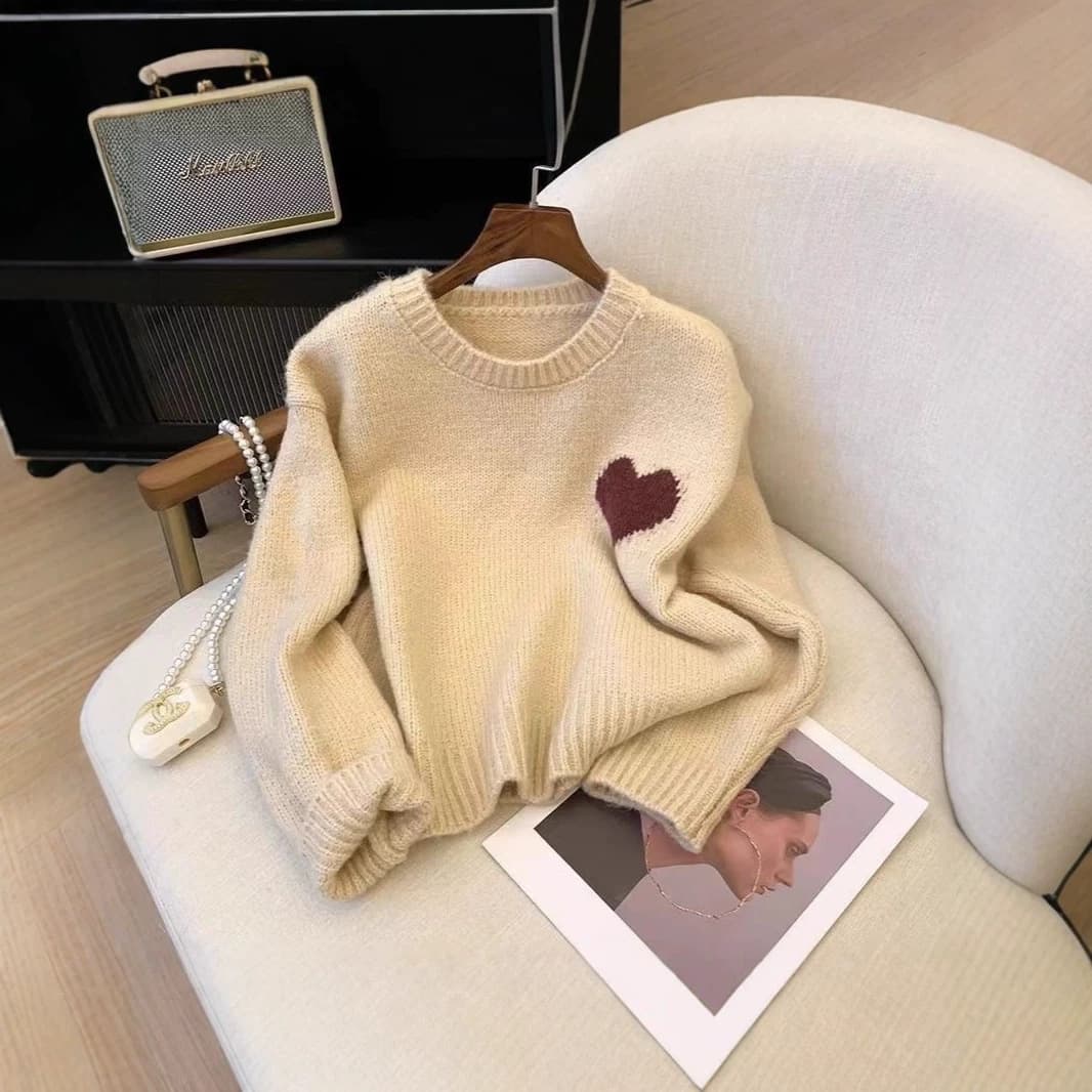 Cross-border Korean Round Neck Sweater Contrast Color Love Long Sleeve Knitwear Fall Winter New Top Lazy Style Loose Sweater
