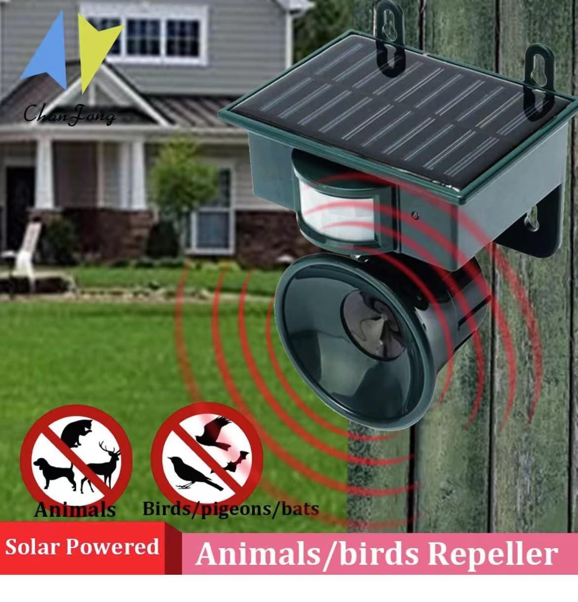 Solar-powered ultrasonic bird repeller, deer repeller, cat repeller, dog repeller, rat repeller, new type of animal deterrent.