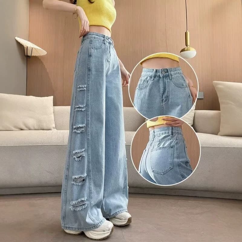 Ripped jeans women's wide-leg summer high-waisted new thin pear-shaped flesh-covering draped personality straight-leg floor-length pants