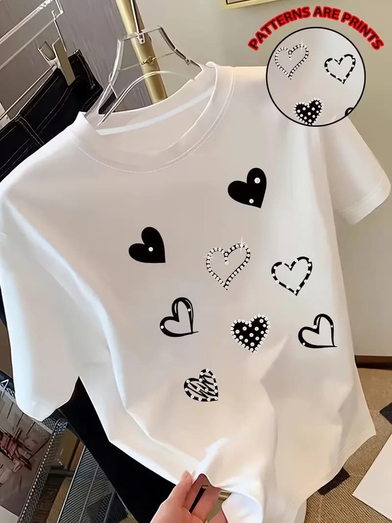 Pearl Heart Print Round Neck Women's Short Sleeve T-Shirt