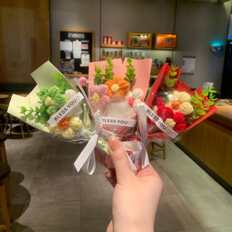 Cross-border Hot-selling Mini Knitted Yarn Puff Bouquet Artificial Sunflower Small Bouquet Fake Flower Gift