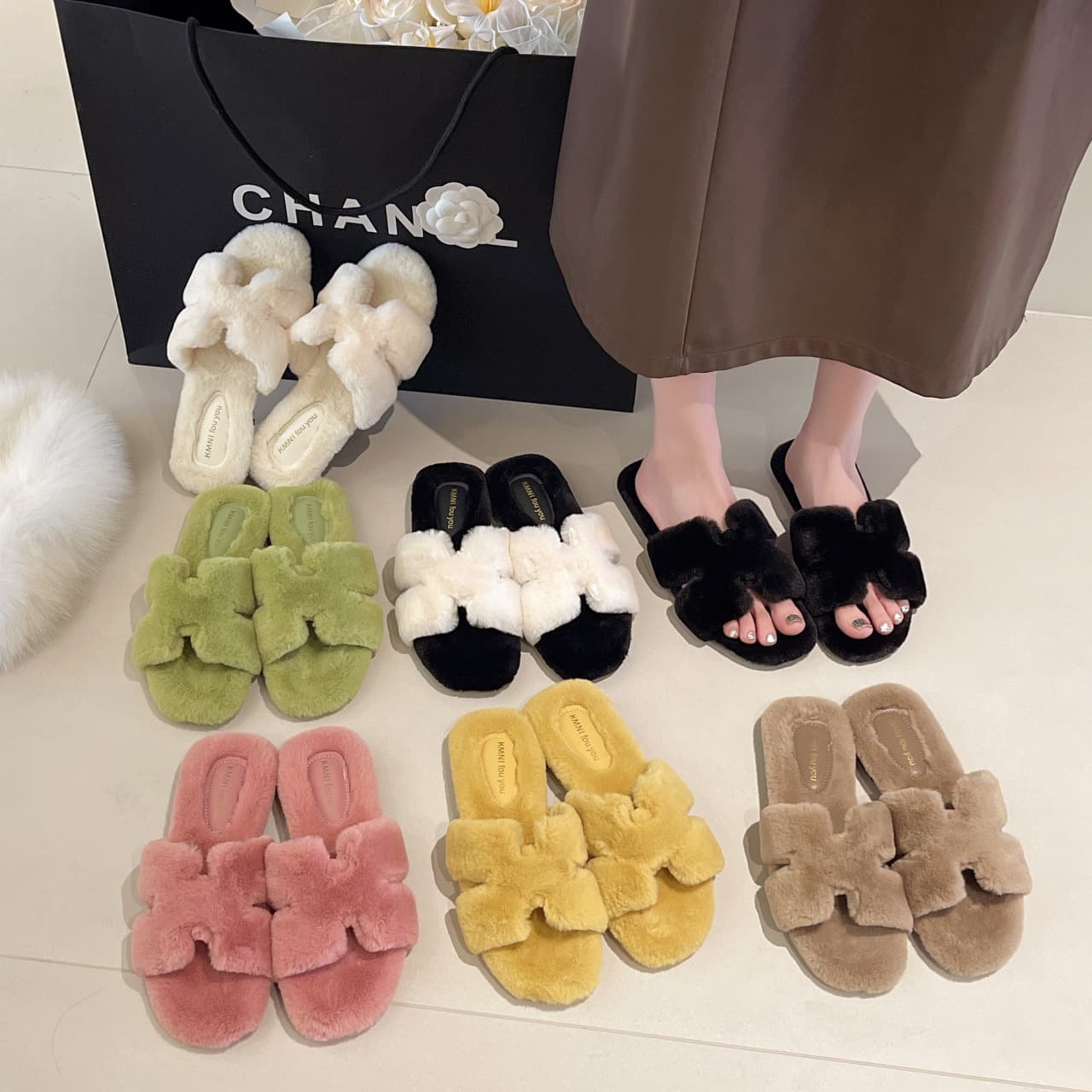 Korean Fairy Style Fuzzy Slippers for Women 2025 Autumn Winter New Trendy Flat One-Strap Cotton Slippers