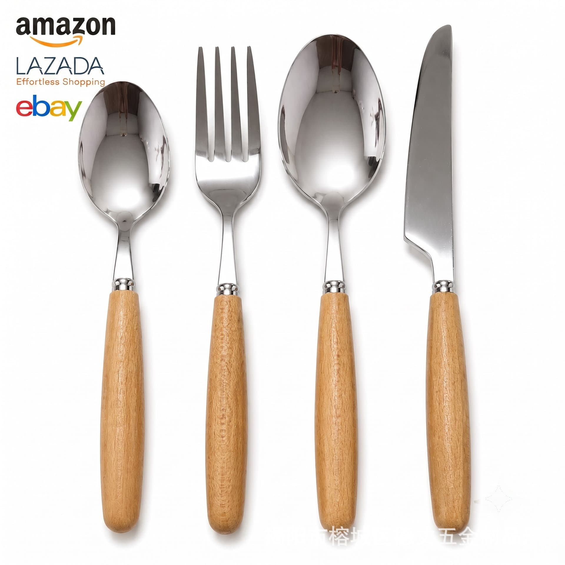 Beech Wood Handle 410 Stainless Steel Cutlery Set Stock, High Appearance Solid Wood Handle Knife Fork Spoon for Coffee Shop Dessert Shop