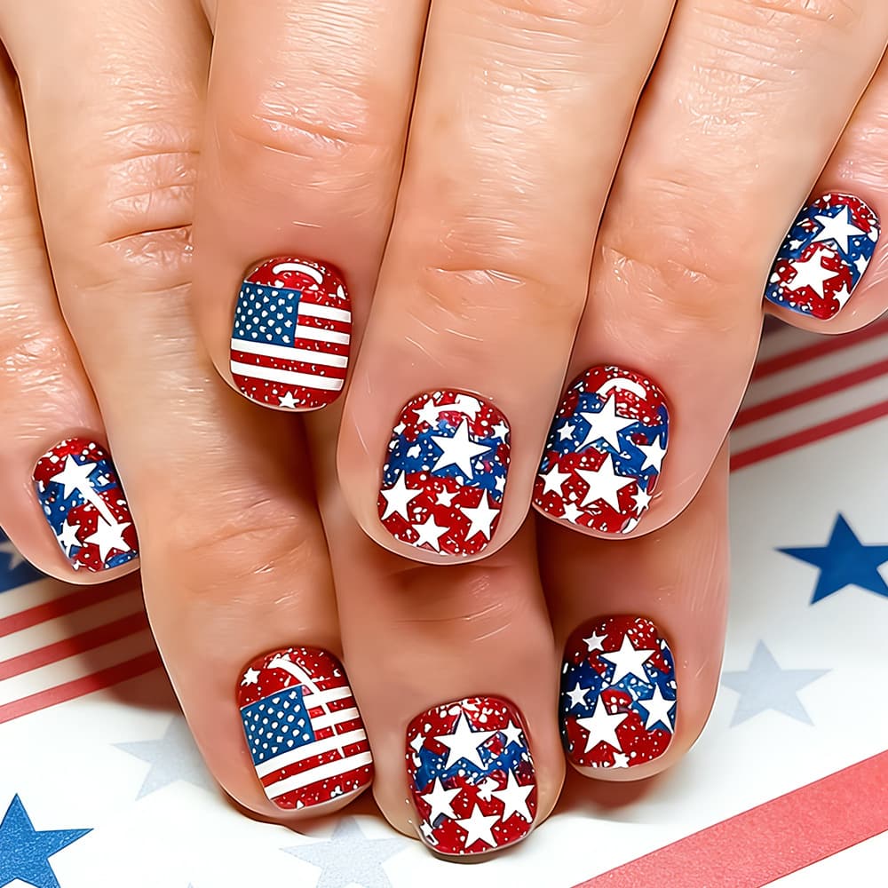 Independence Day Short Square Oval Nails Red Blue Glitter Stars Stripes Flag Press On Nails 24 Pcs Removable