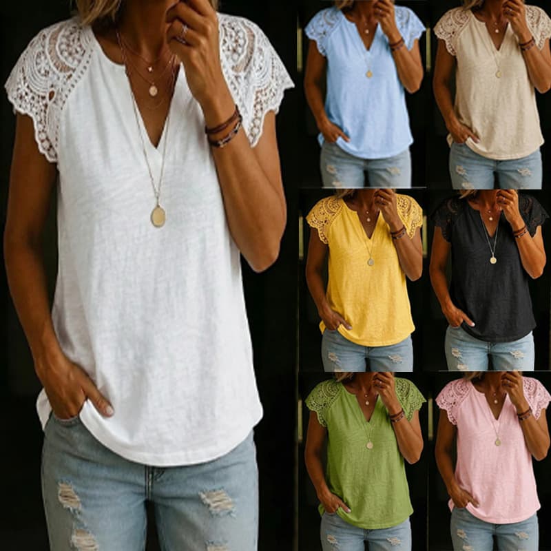 Trendy Casual Lace Patch Cotton Shirt for Women V-Neck Short Sleeve Loose Comfortable Summer New Top