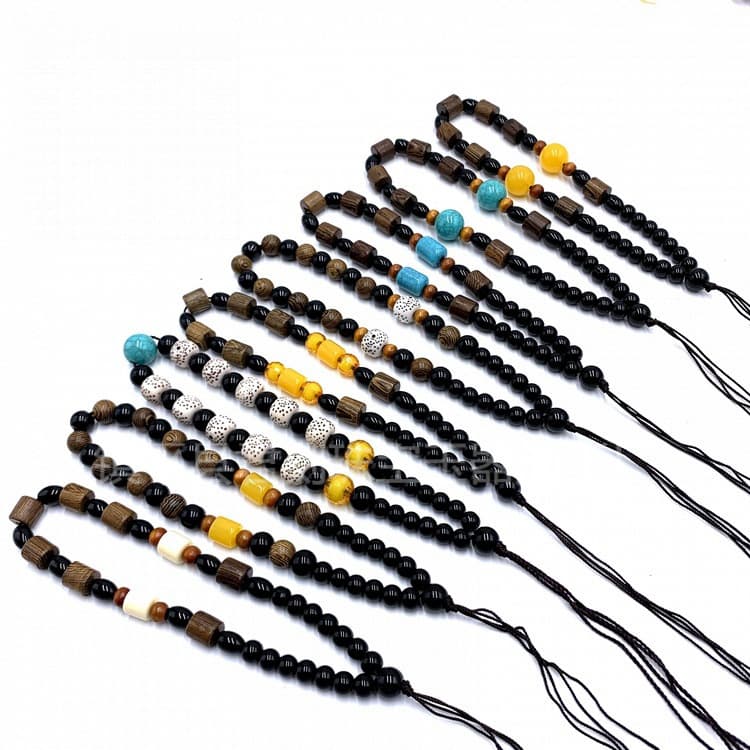 Chicken Wing Wood Handpiece Cord Collectible Hanging Cord, Jadeite Agate Jade Handpiece Cord, Beeswax Star and Moon Key Cord Wholesale