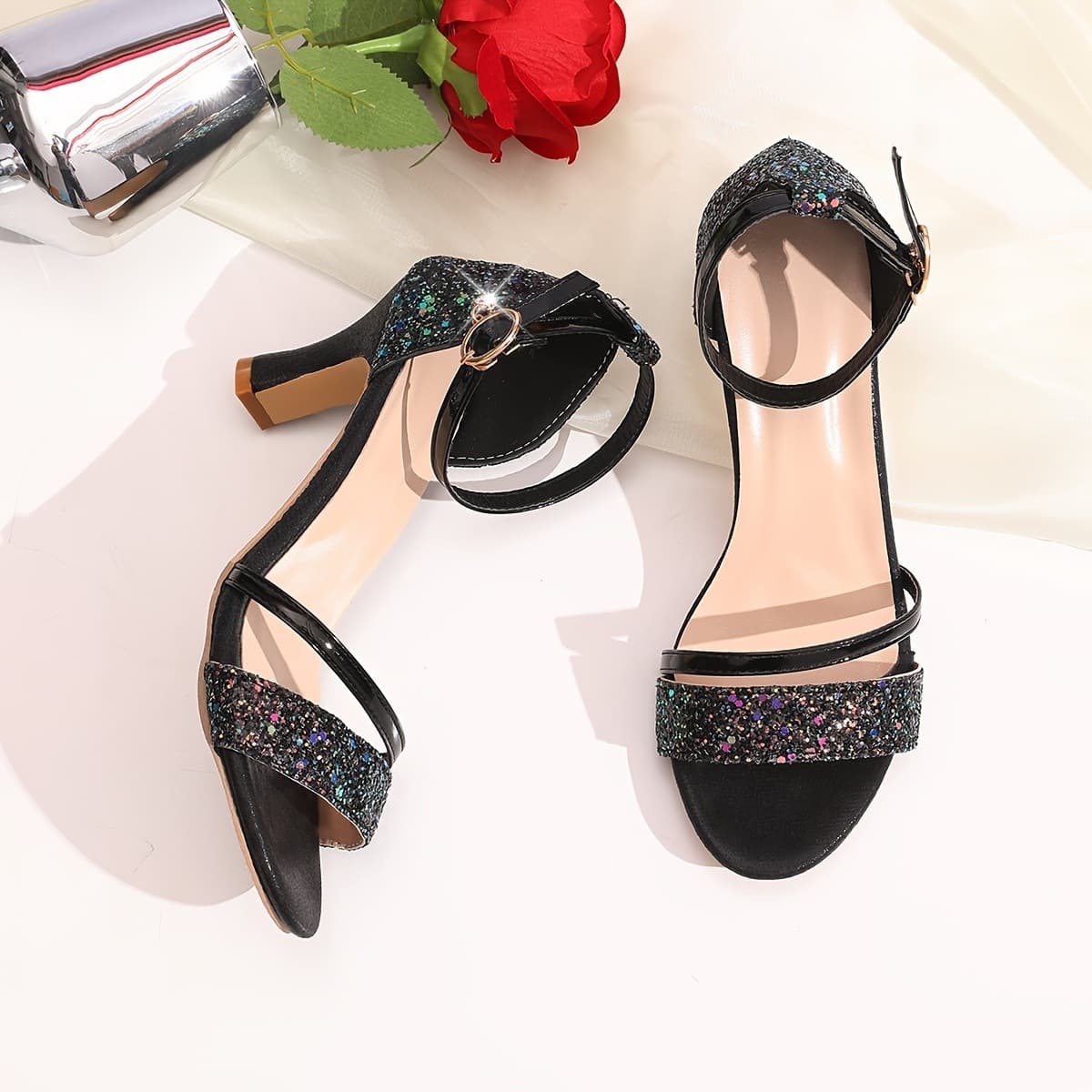 European and American Cross-border Rhinestone 2025 One-Strap High-Heeled Sandals for Women, Large Size Women's Shoes, Cross-border Summer New Style with Thick Heels, Wholesale Large Size