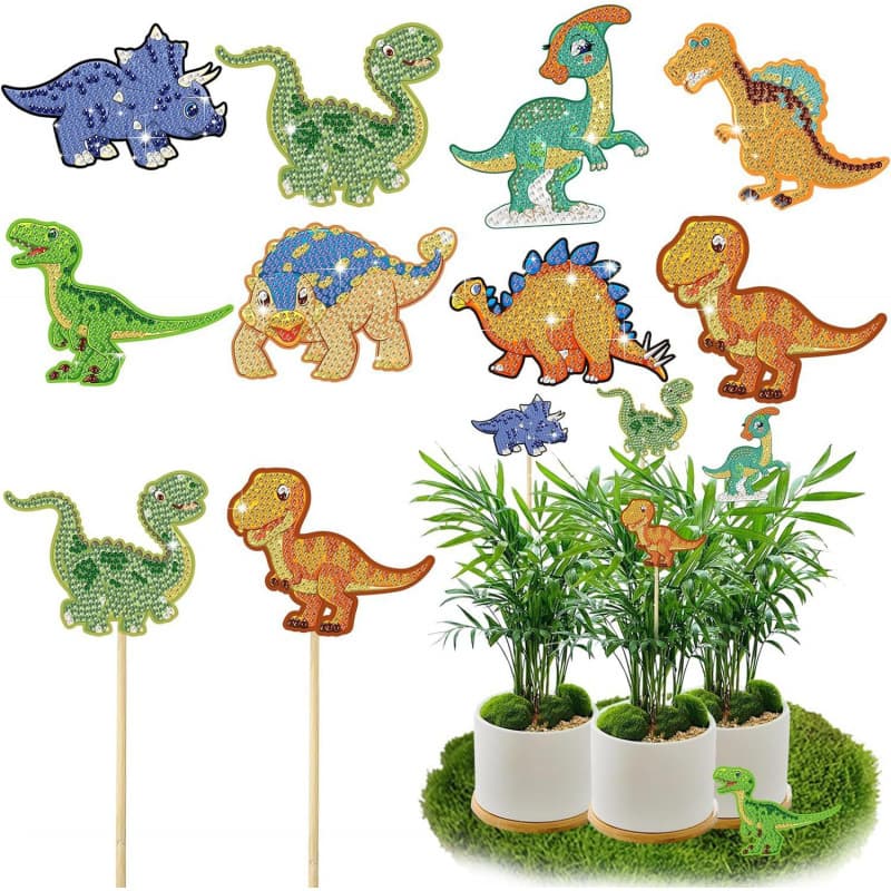 5D 8-Piece Dinosaur Diamond Painting Kit, Cartoon Dinosaur 5D Diamond Painting Art for Garden Decoration