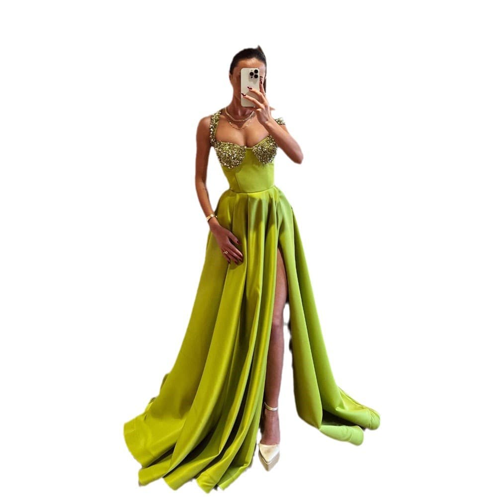 Cross-border Hot Selling Adult Ceremony Dress Prom Performance Host Spaghetti Strap Slit Party Satin Evening Gown