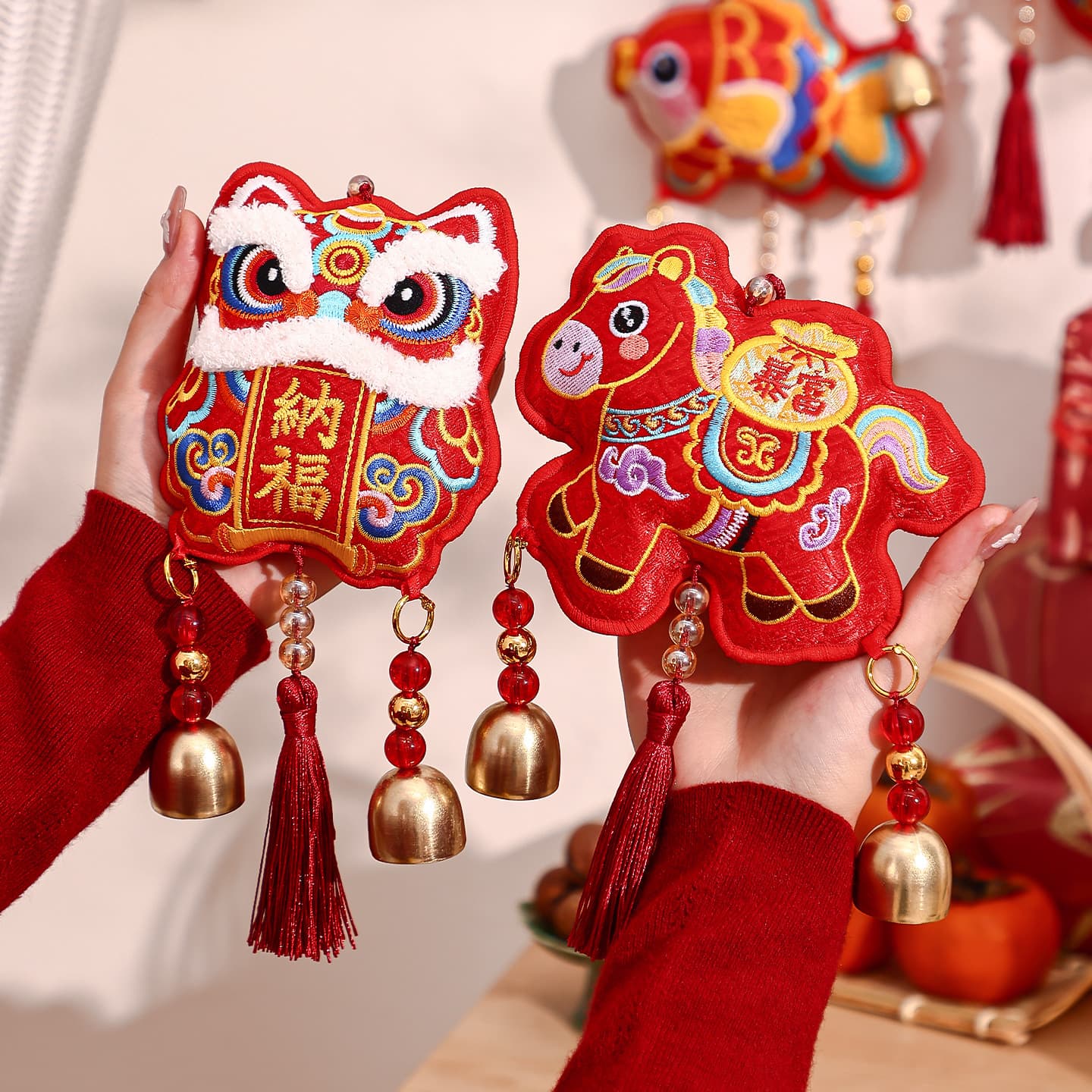 2026 Year of the Horse Spring Festival Decoration Fu Character Hanging Ornament Creative Lion Head Fu Bag Wind Chime Hanging Decoration New Year Goods