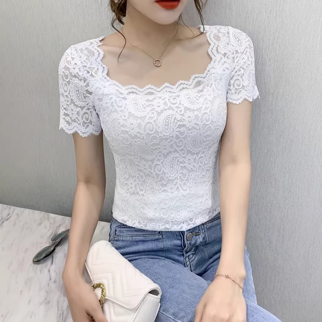 New Summer Women's Solid Color Lace Fitted Square Neck Short Sleeve T-Shirt Top Women's Short Sleeve Lace Top
