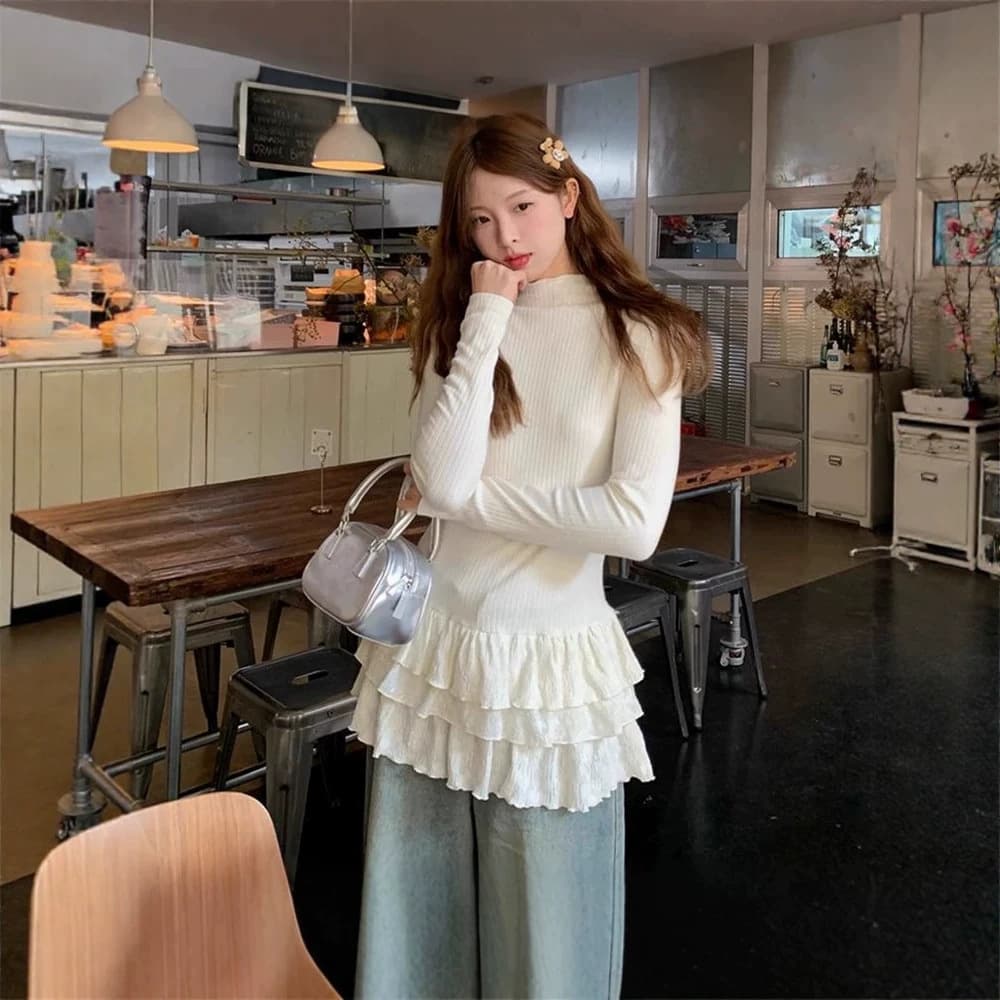 Half High Neck Long Sleeve T-Shirt for Women Students, New Spring Autumn Winter Korean Style Layering Slim Fit Base Top with Lace Trend