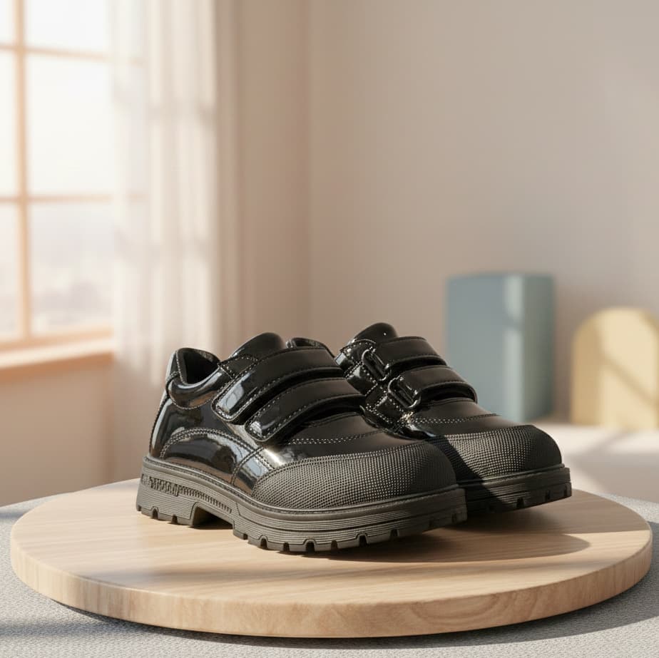 New Student Leather Shoes, Wear-Resistant Thick Sole, Black Velcro Sports Leather Shoes, British Style Shiny, African Campus Children's Shoes