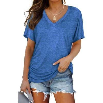 European and American Women's Tops Cross-Border Ebay Amazon Wish Best-Selling V-Neck Solid Color Short-Sleeve T-Shirt