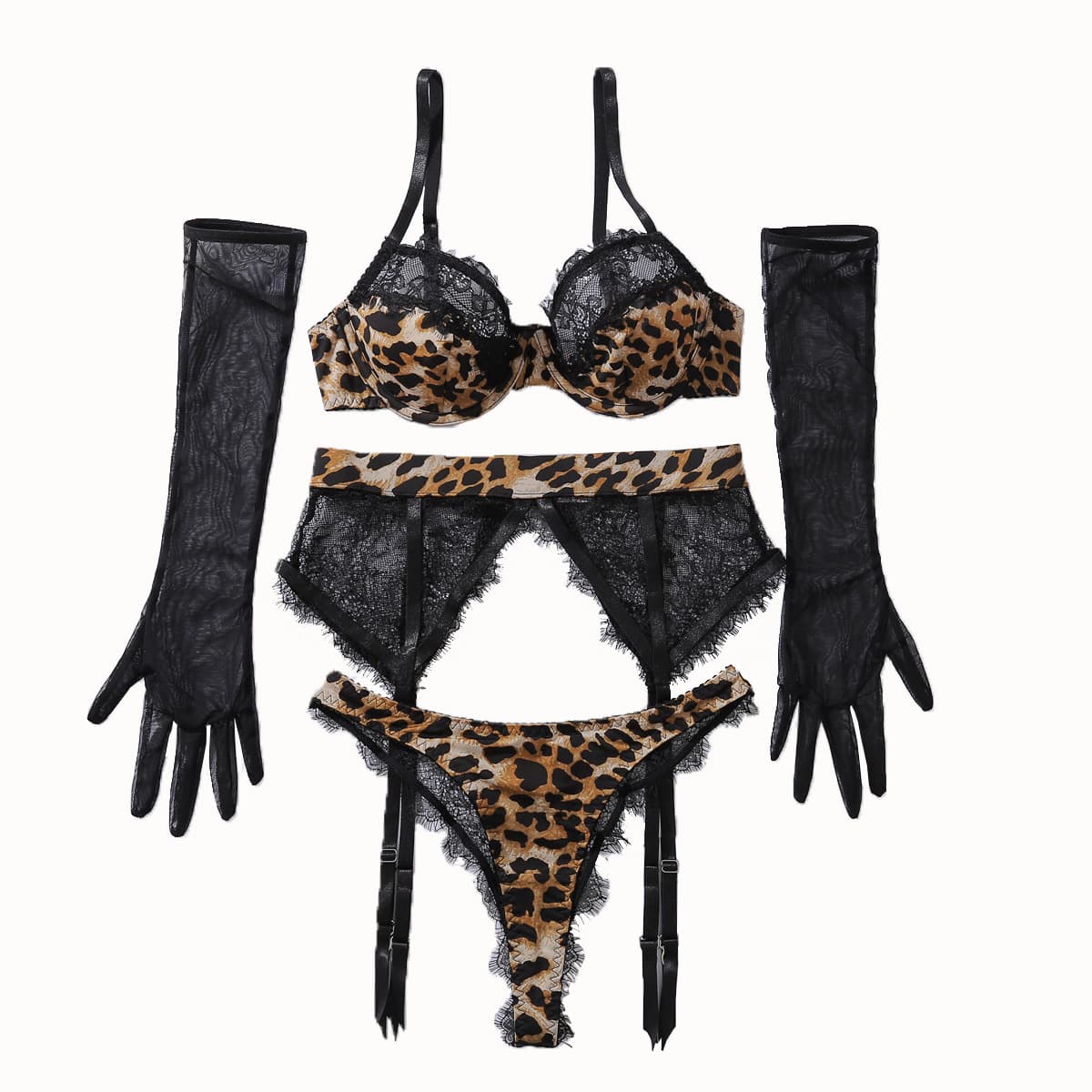 European and American Cross-border Sexy Leopard Print Lace Underwear Set with Transparent Gloves, Thin Half-Cup, Separate Set