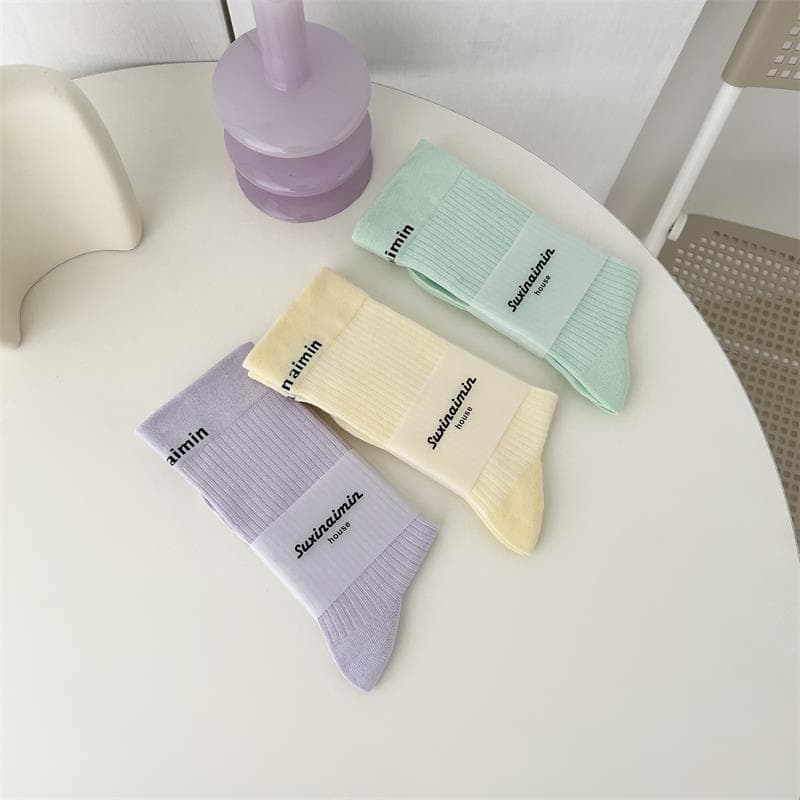 Suxinaimin Women's Mid-calf Socks Pure Color Cotton Letter Print Sporty Trendy Summer Autumn Winter Wearable Casual Socks