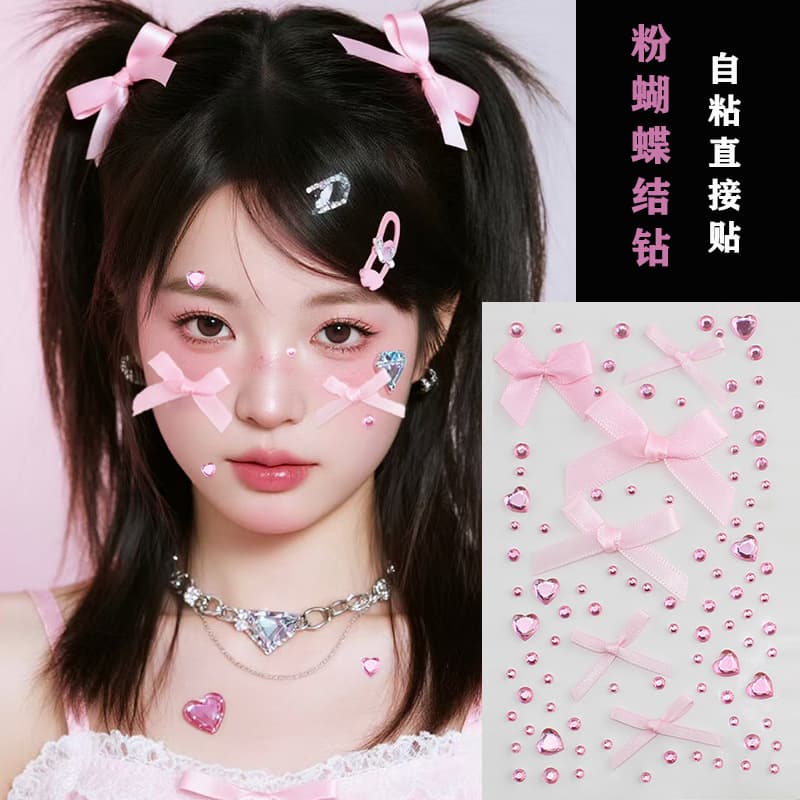 Valentine's Day New Year's bow rhinestone face knot ribbon makeup face eye decoration decoration red and pink stickers
