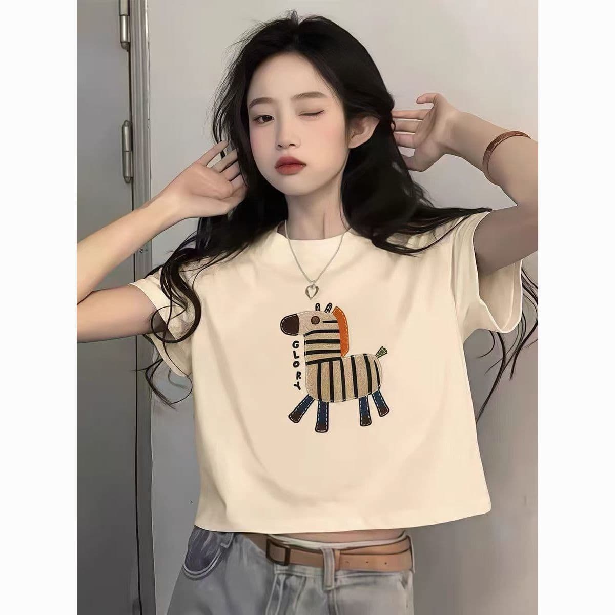 Short Sexy Southeast Asian Women's Printed Letter Simple Girl Style 100% Cotton Women's Short Sleeve T-Shirt Top for Export